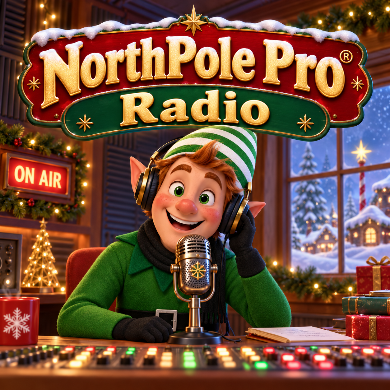 NorthPole Pro Radio — an elf DJ at the North Pole Airwaves broadcast desk