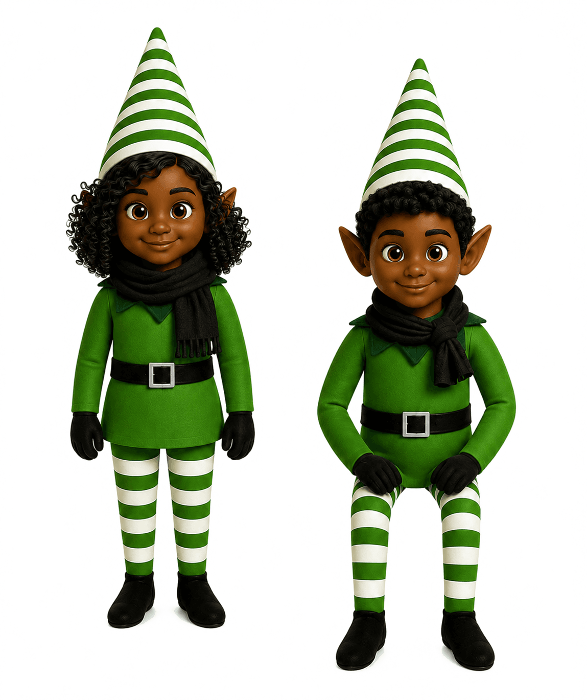 Two North Pole Village elves in green and white striped uniforms