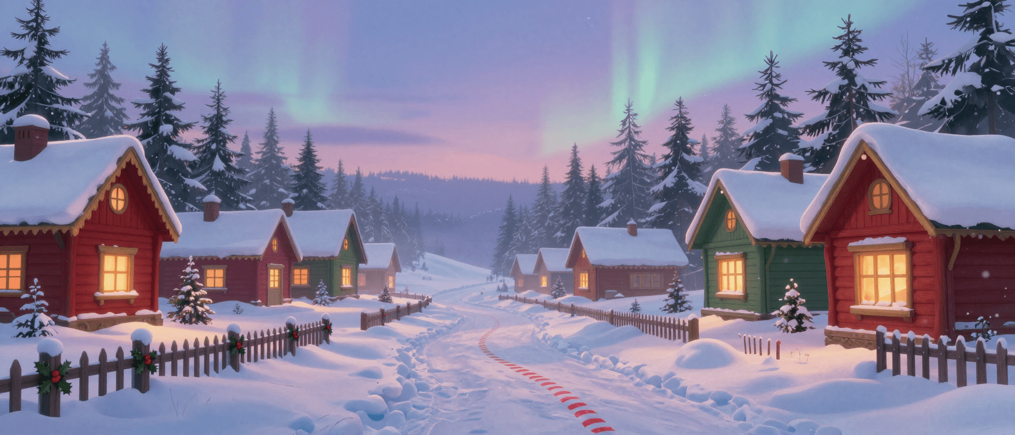 A snowy North Pole village at dawn under a soft aurora, with warm-lit cottages and a candy-cane striped path through the snow